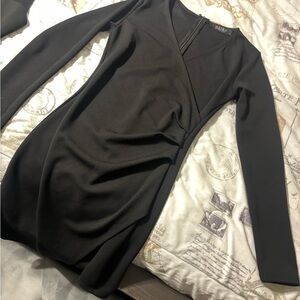 Black Long Sleeve Wrap-Front Mini Dress